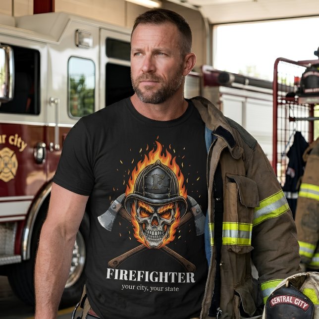 Custom Firefighter Flame Skull Inferno Crossed  T-Shirt (Creator Uploaded)