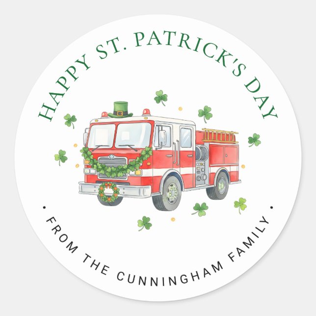 Custom Firefighter St. Patrick's Day Fire Truck Classic Round Sticker (Front)