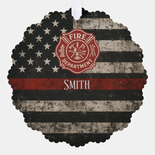Custom Firefighter Thin Red Line Christmas  Tree Decoration Card (Front)