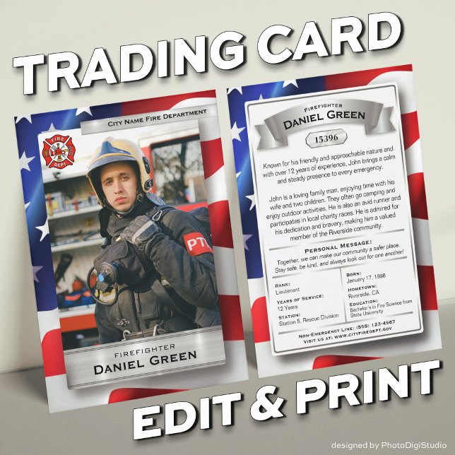 Custom Firefighter Trading Cards All Department (Custom Fireman Trading Cards with USA Flag and Silver Elements)