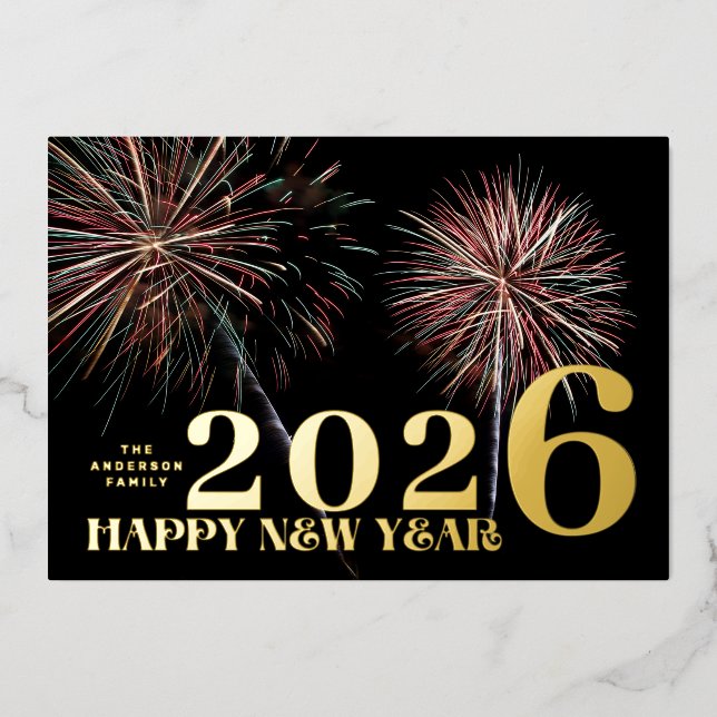Custom Fireworks GOLD HAPPY NEW YEAR 2026 PHOTO Foil Holiday Card (Front)