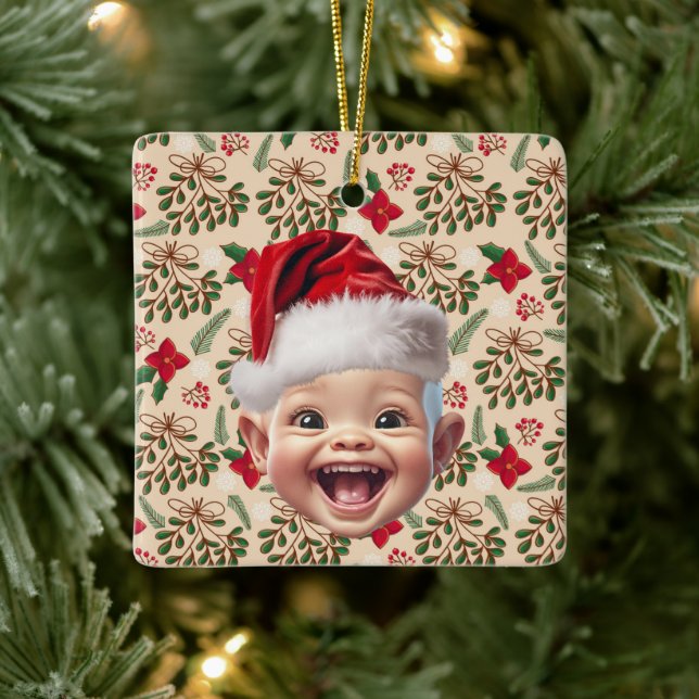Custom First Baby Face Santa Hat Christmas Photo Ceramic Ornament (Tree)