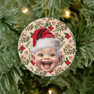 Custom First Baby Face Santa Hat Christmas Photo Ceramic Tree Decoration