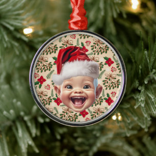Custom First Baby Face Santa Hat Christmas Photo Metal Tree Decoration