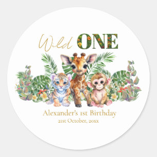 Custom First Birthday Jungle Animals Wild One Classic Round Sticker