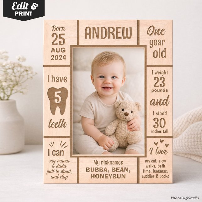 Custom First Birthday Milestone Baby Photo Wooden  Etched Frames (Custom First Birthday Milestone Baby Photo Wooden Engraved Frames)