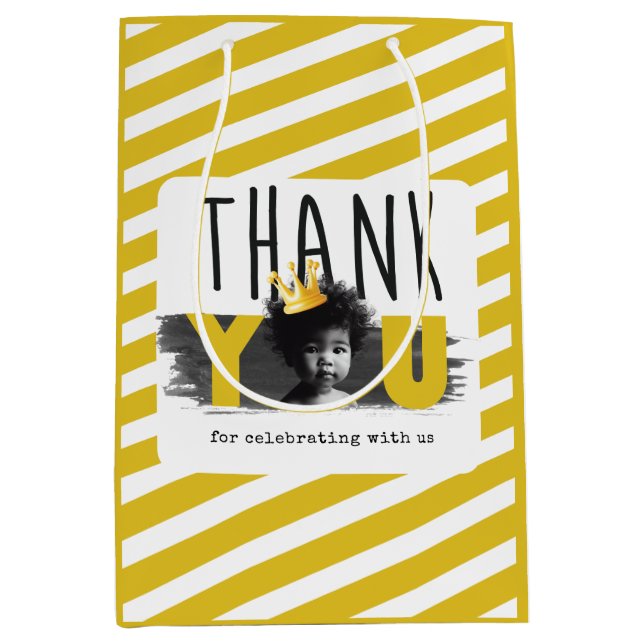 Custom First Birthday Photo Black White Yellow Medium Gift Bag (Front)