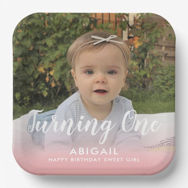 Custom First Birthday Photo Pink Paper Plate (Front)