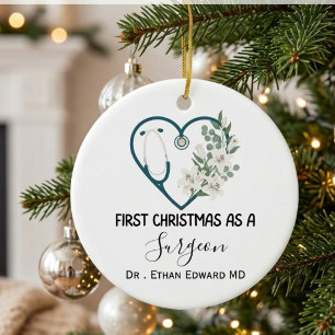 Custom First Christmas as a Surgeon, doctor Ceramic Tree Decoration
