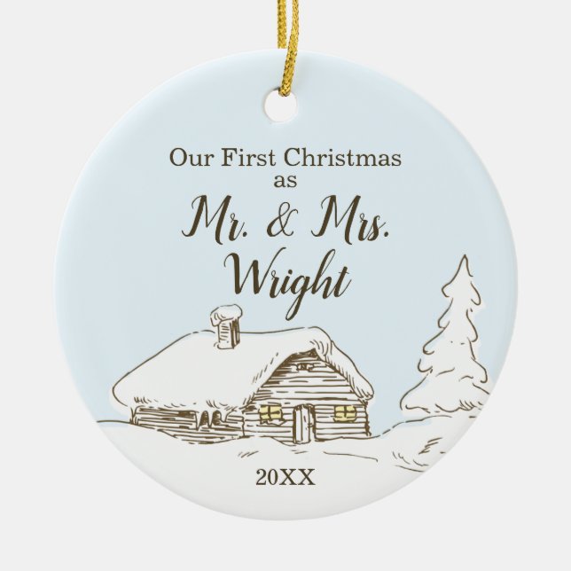 Custom First Christmas as Mr & Mrs Home Xmas Ceramic Tree Decoration (Front)