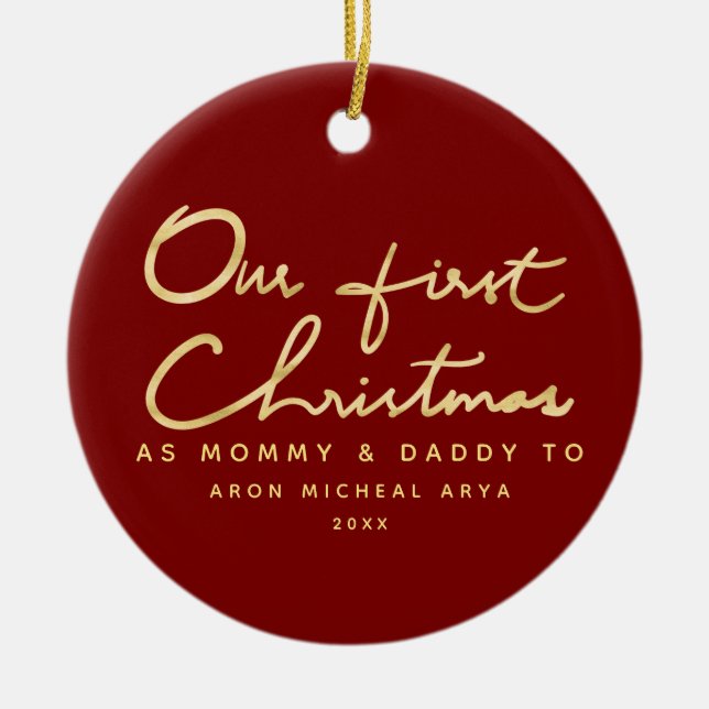 Custom First Christmas as Mummy and Daddy Ceramic Tree Decoration (Front)