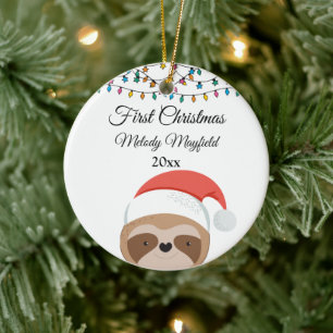 Custom First Christmas Baby Boy Girl Cute Sloths Ceramic Tree Decoration