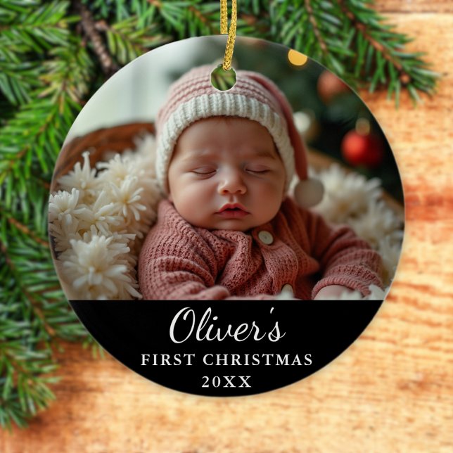 Custom First Christmas Baby Photo Black Ceramic Tree Decoration (Creator Uploaded)