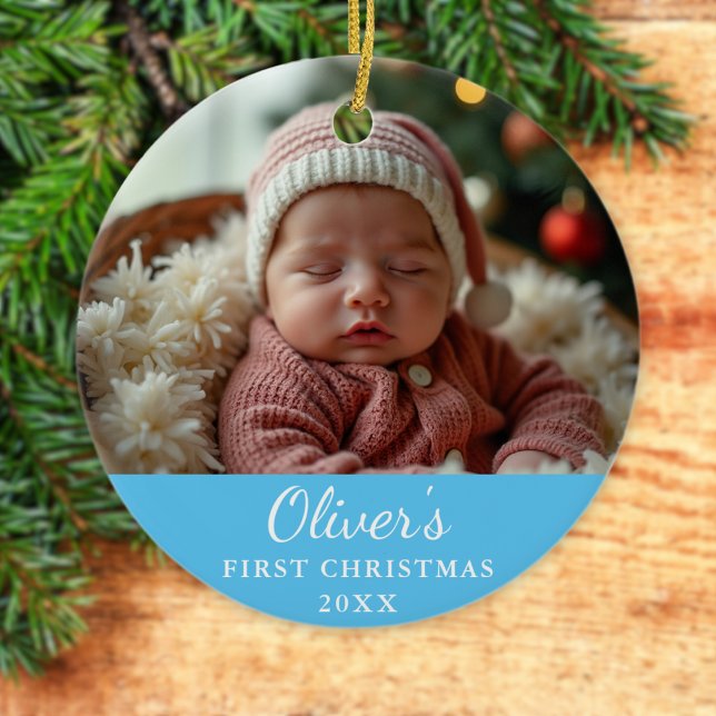 Custom First Christmas Baby Photo Blue Ceramic Tree Decoration (Creator Uploaded)