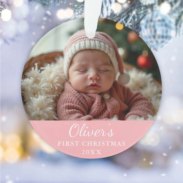 Custom First Christmas Baby Photo Pink Ornament (Creator Uploaded)