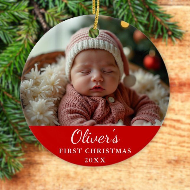 Custom First Christmas Baby Photo Red Ceramic Tree Decoration (Creator Uploaded)