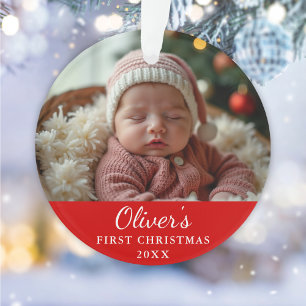 Custom First Christmas Baby Photo Red Ornament