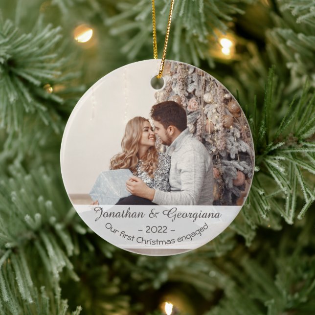 Custom first Christmas engaged 2024 photo holiday Ceramic Tree Decoration (Tree)