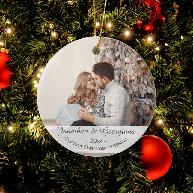 Custom first Christmas engaged 2025 photo holiday Ceramic Tree Decoration (Creator Uploaded)
