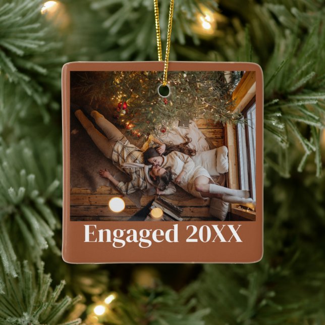 Custom First Christmas Engaged Couple Picture Ceramic Ornament (Tree)