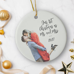 Custom First Christmas Mr and Mrs Photo Overlay Ceramic Tree Decoration