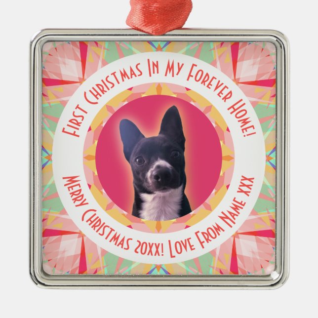 Custom First Christmas Star Modern Winter Red Pink Metal Tree Decoration (Front)