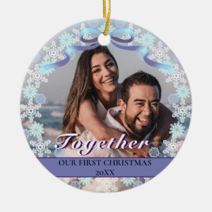 Custom First Christmas Together Purple Snowflakes Ceramic Tree Decoration
