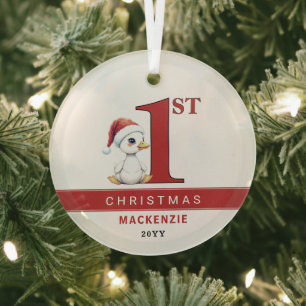 Custom First Christmas Watercolor Baby Goose Duck Glass Tree Decoration