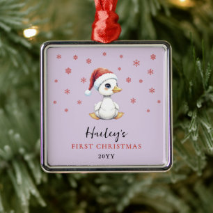 Custom First Christmas Watercolor Baby Goose Duck Metal Tree Decoration
