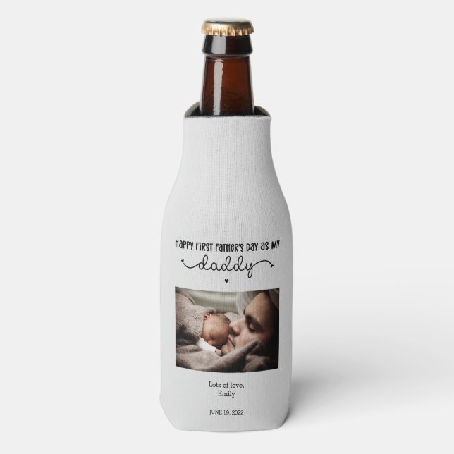 Custom First Father's Day Cute Minimalist Photo Bottle Cooler (Bottle Front)