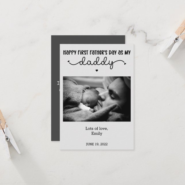 Custom First Father's Day Cute Minimalist Photo Card (Front/Back In Situ)
