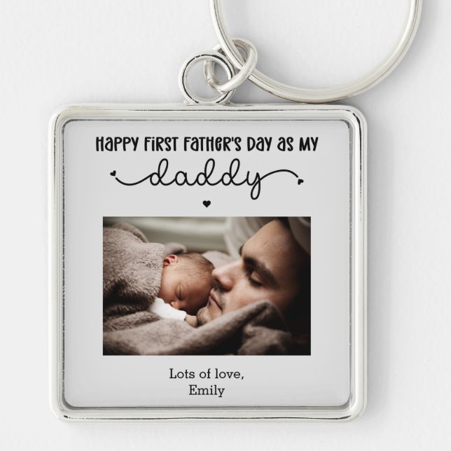 Custom First Father's Day Cute Minimalist Photo Key Ring (Front)