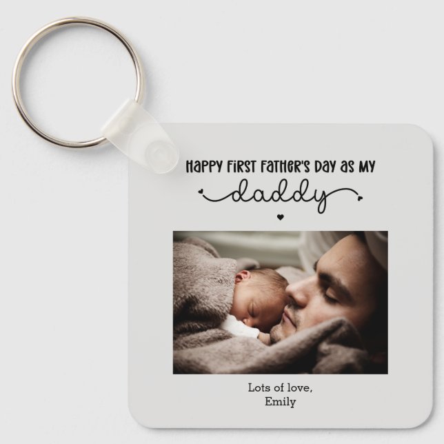 Custom First Father's Day Cute Minimalist Photo Key Ring (Front)