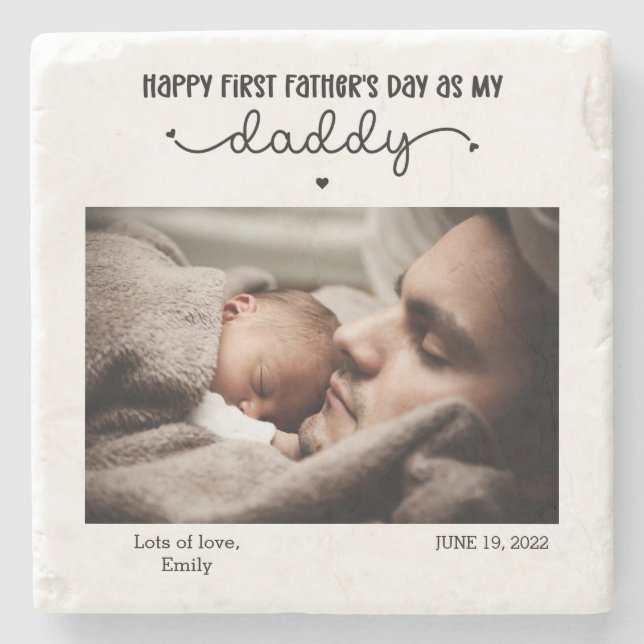 Custom First Father's Day Cute Minimalist Photo Stone Coaster (Front)