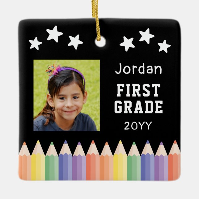 Custom First Grade Colourful Photo Keepsake Ceramic Ornament (Front)