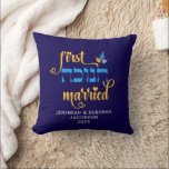 Custom FIRST HANUKKAH MARRIED Hebrew Cushion<br><div class="desc">Cute FIRST HANUKKAH MARRIED Throw Pillow with CUSTOMIZABLE NAMES & YEAR. Hanukkah is written in Hebrew. Design shows Hanukkah blue handwriting script typography with blue and yellow dreidel. A beautiful souvenir for couples celebrating their first married Hanukkah. Design is repeated on the back. English version available separately.</div>