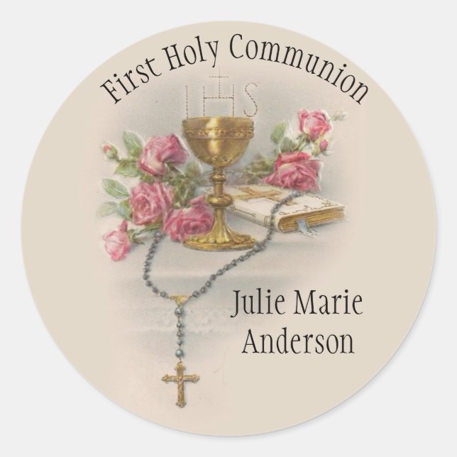 Custom First Holy Communion Catholic Remembrance Classic Round Sticker (Front)