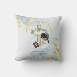 Custom First Holy Communion Cute Black Hair Girl Cushion