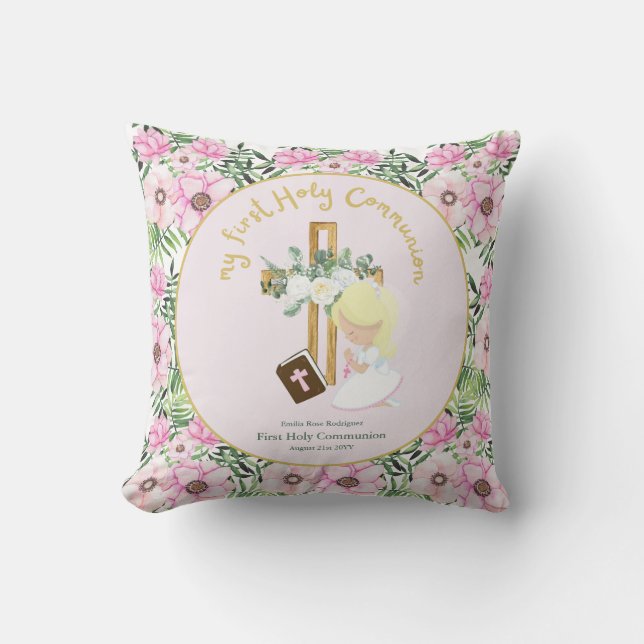 Custom First Holy Communion Cute Blonde Hair Girl Cushion (Front)