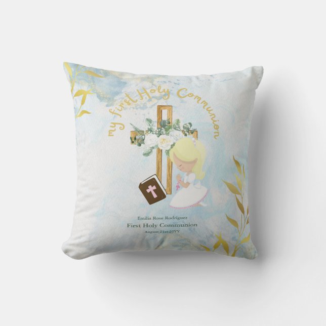 Custom First Holy Communion Cute Blonde Hair Girl Cushion (Front)