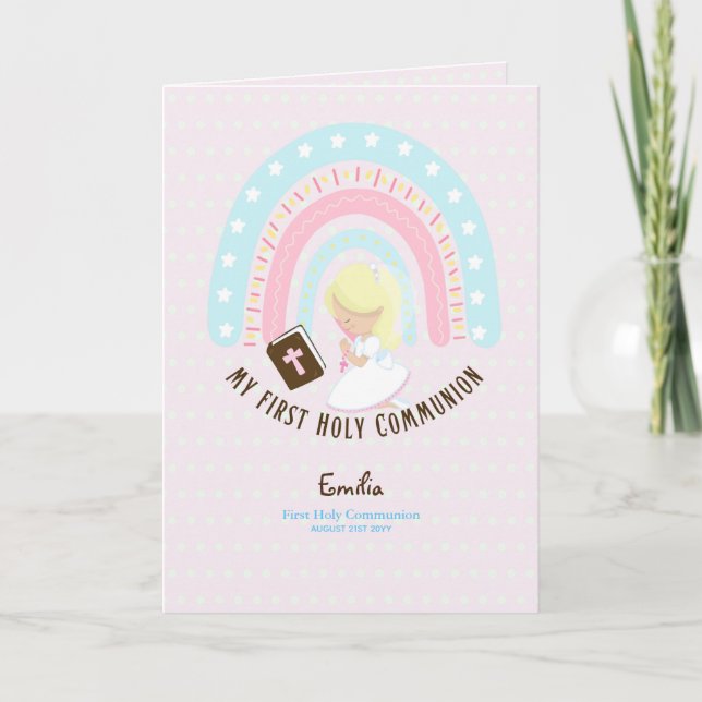 Custom First Holy Communion Cute Blonde Hair Girl  Thank You Card (Front)