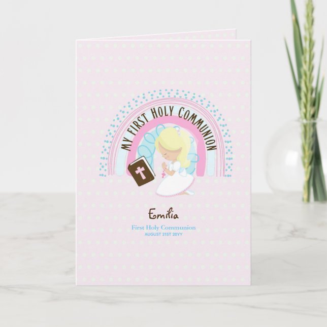 Custom First Holy Communion Cute Blonde Hair Girl  Thank You Card (Front)
