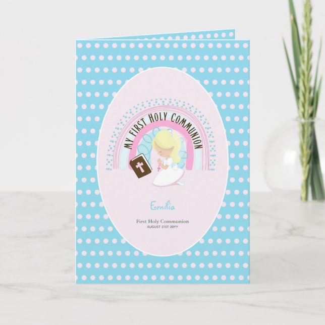 Custom First Holy Communion Cute Blonde Hair Girl Thank You Card (Front)