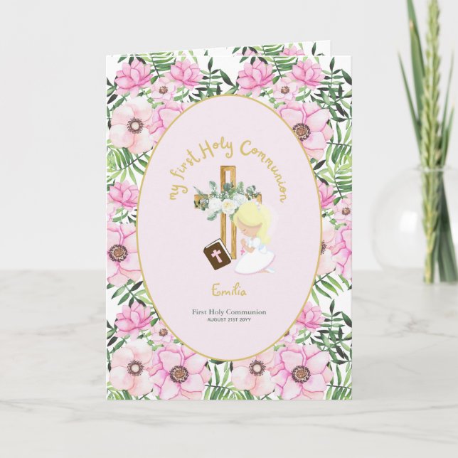 Custom First Holy Communion Cute Blonde Hair Girl  Thank You Card (Front)