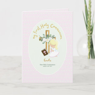 Custom First Holy Communion Cute Blonde Hair Girl  Thank You Card
