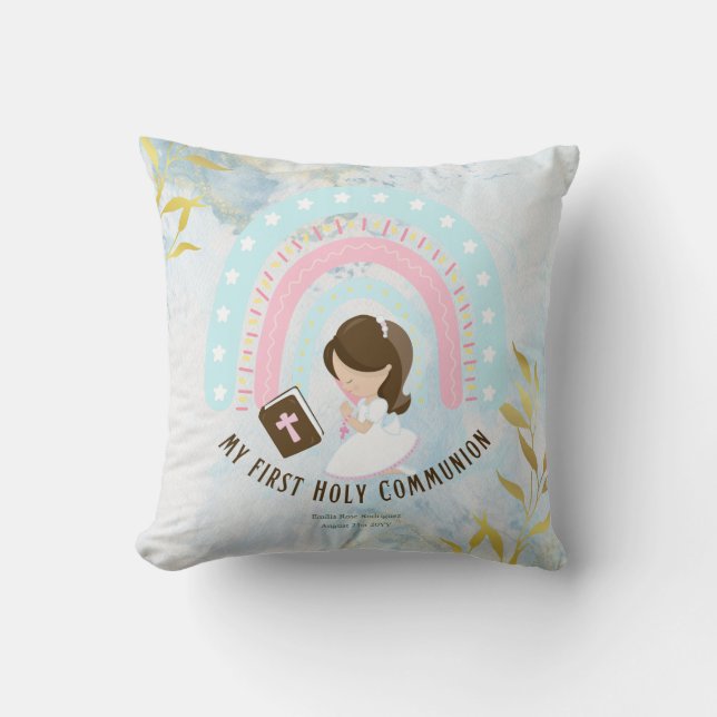 Custom First Holy Communion Cute Brown Hair Girl Cushion (Front)