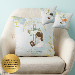 Custom First Holy Communion Cute Brown Hair Girl Cushion