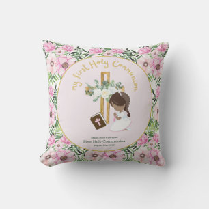 Custom First Holy Communion Cute Brown Hair Girl Cushion
