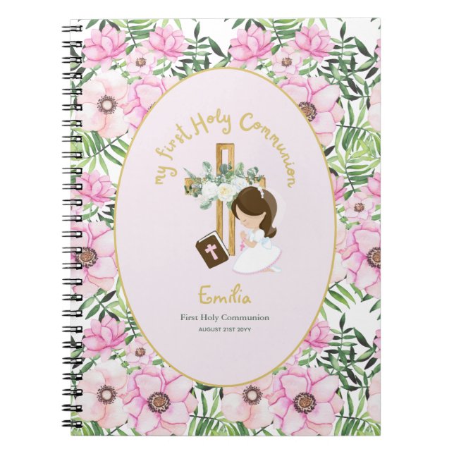 Custom First Holy Communion Cute Brown Hair Girl Notebook (Front)