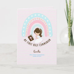 Custom First Holy Communion Cute Brown Hair Girl T Thank You Card
